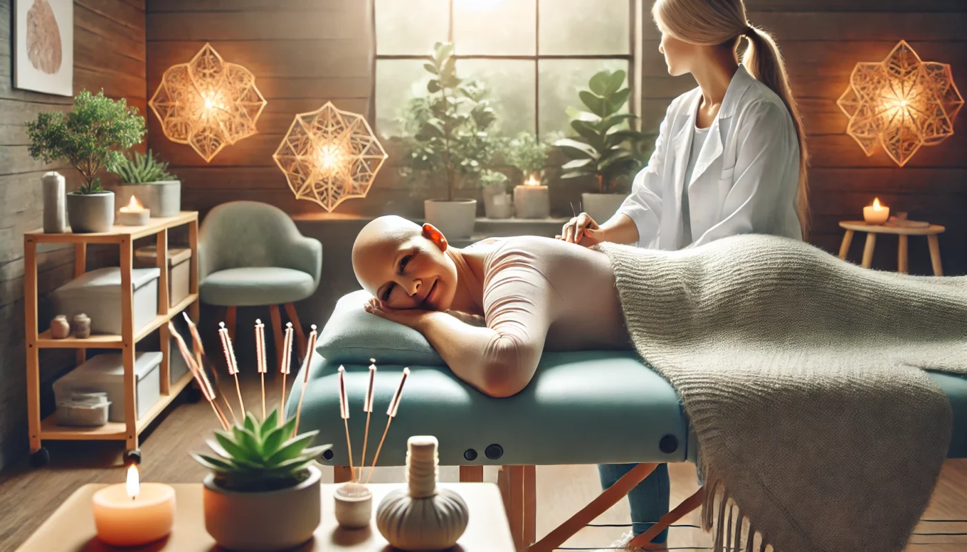 Cancer patient resting on a therapy table during acupuncture treatment in a serene clinic setting, surrounded by natural lighting and calming decor, ideal for an article about 'acupuncture for cancer'