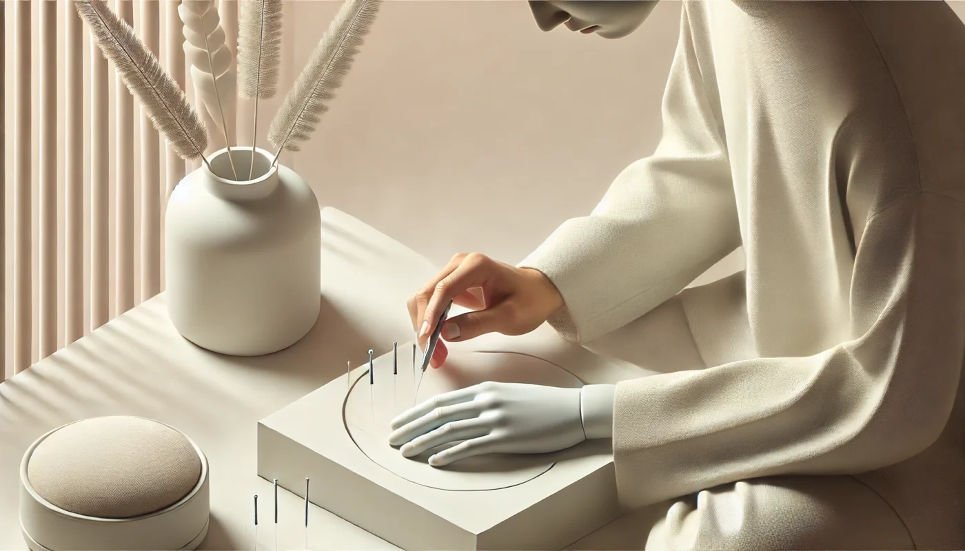 A minimalist modern acupuncture setting with a practitioner focusing on a patient's hand, featuring soft lighting and neutral tones to convey a therapeutic and calming environment