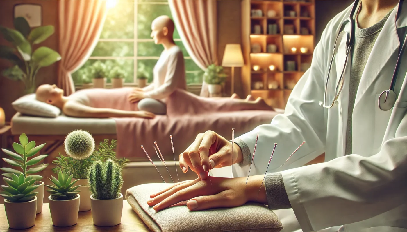 Cancer patient receiving acupuncture on their hands in a tranquil clinic setting, surrounded by warm lighting and greenery, emphasizing holistic healing and integrative cancer care