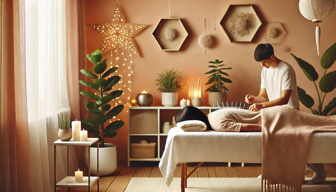 A cozy acupuncture room where a patient is lying on a table with thin needles placed on their back, surrounded by soft beige tones, candles, and indoor plants for a relaxing ambiance