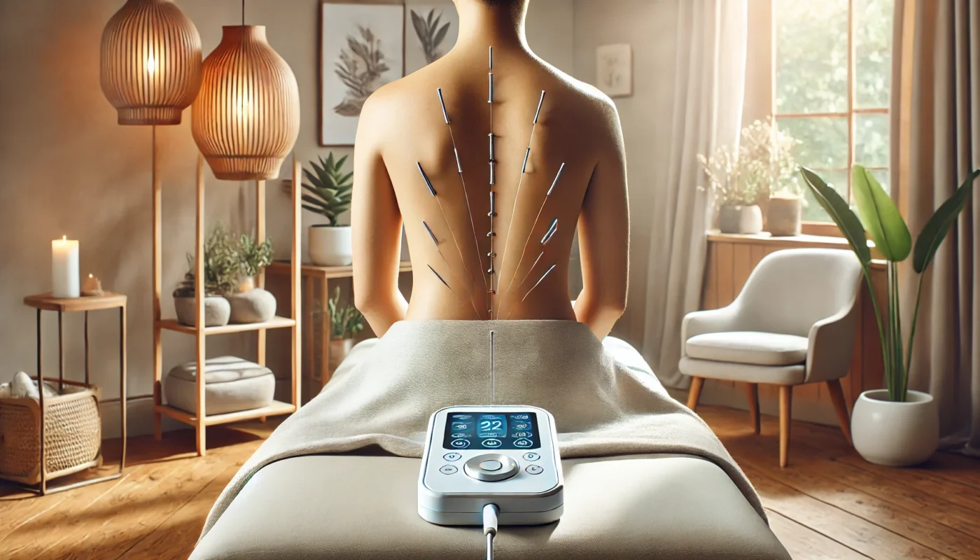 A serene therapy room showcasing acupuncture with electrical stimulation, featuring needles precisely placed along the back and connected to a sleek electrical stimulation device. The room has soft lighting and natural decor, emphasizing relaxation and holistic healing