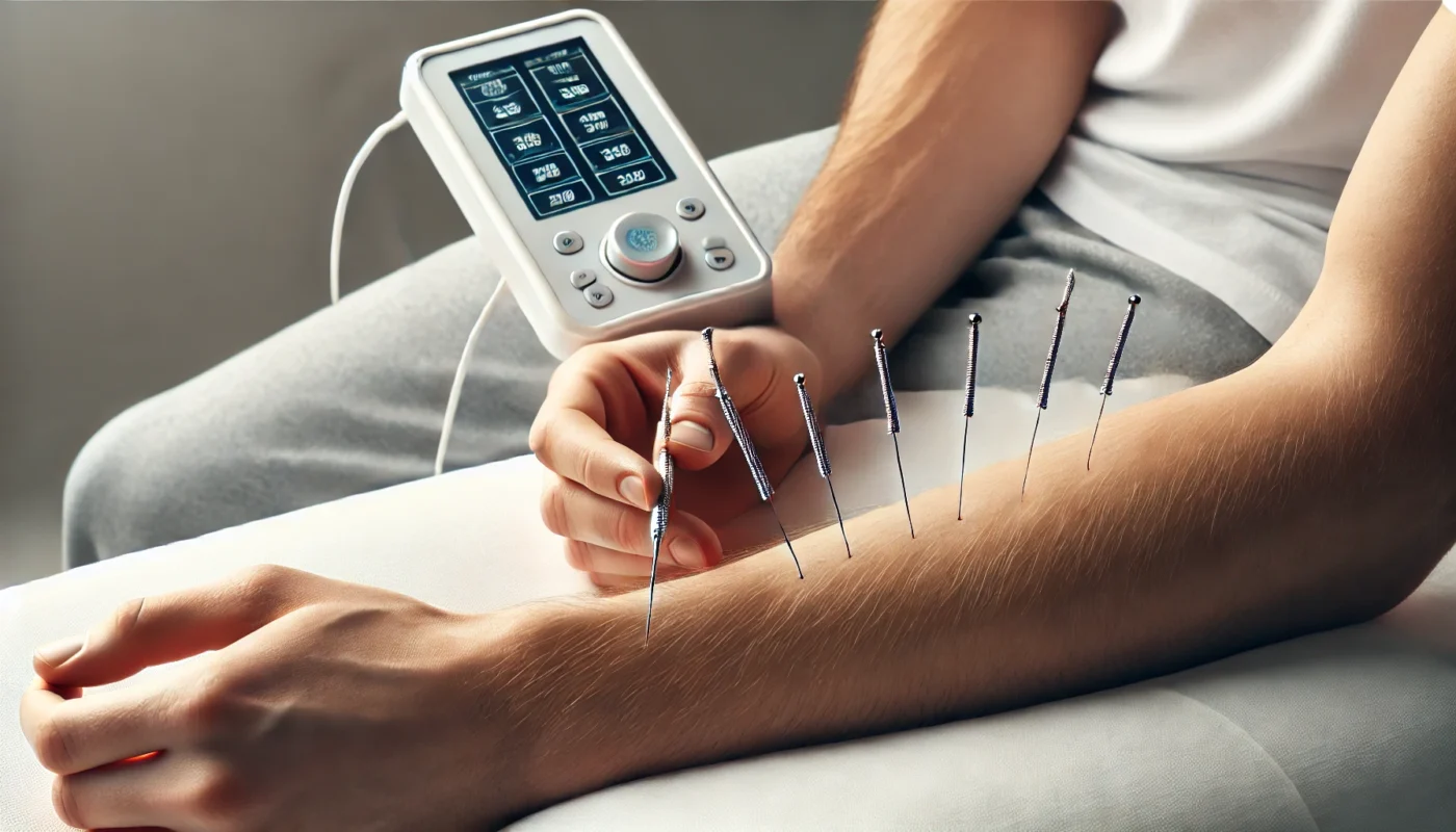 Close-up view of acupuncture needles inserted into a patient’s arm, connected to a modern electrical stimulation device emitting gentle pulses. The clean, clinical setting highlights the precision and effectiveness of acupuncture with electrical stimulation