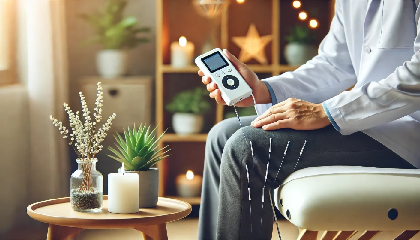 A professional therapy setting with acupuncture needles inserted into a patient’s leg, connected to a compact electrical stimulation device. The modern environment includes natural lighting, calming greenery, and holistic decor to enhance the therapeutic atmosphere