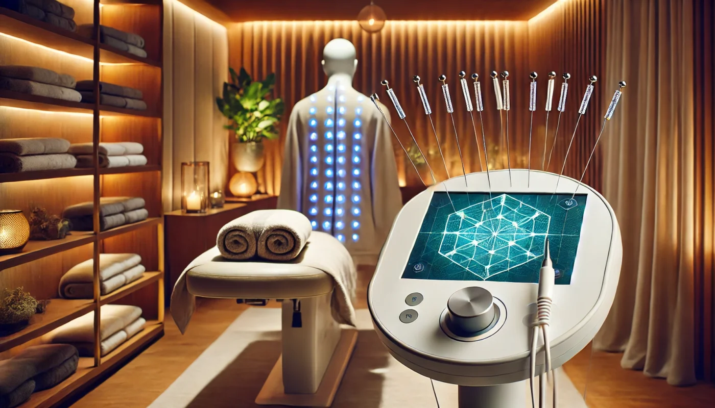 An elegant therapy room featuring acupuncture needles in the shoulder area of a patient, connected to an advanced electrical stimulation device emitting subtle lights. The tranquil spa-like ambiance includes dimmed lighting, soft towels, and natural wooden textures