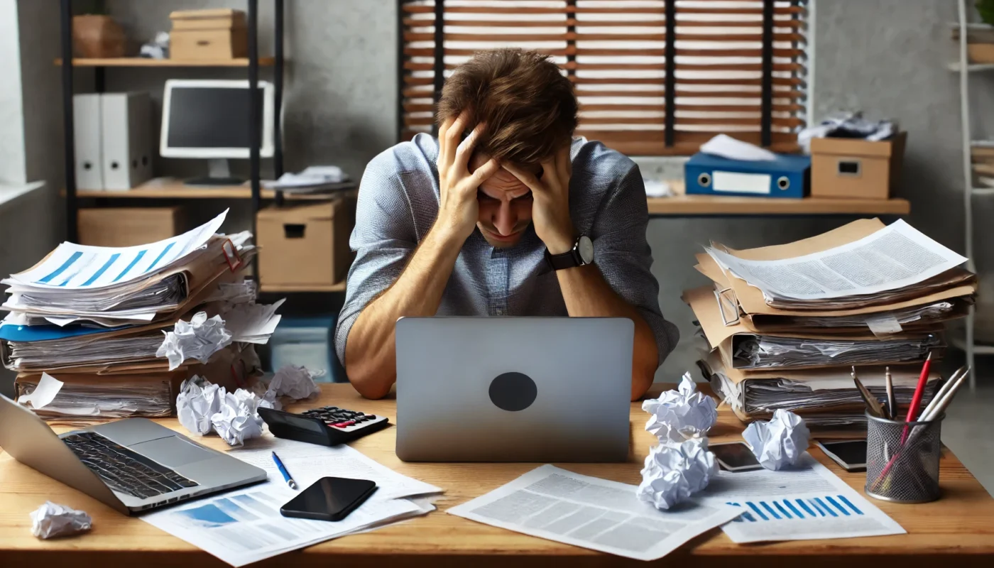 An overwhelmed adult struggling to focus at a cluttered desk with multiple distractions, representing the challenges of lack of concentration and focus in adults