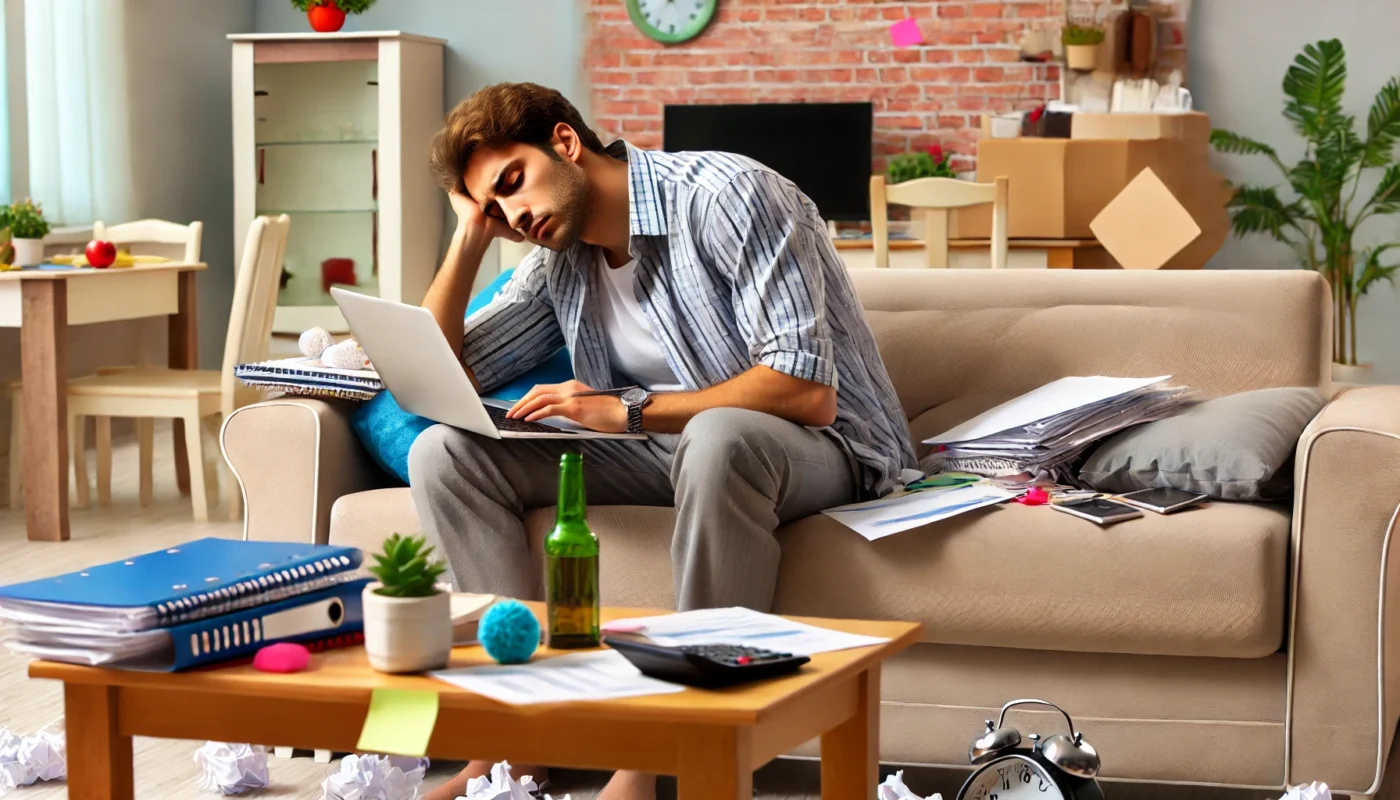 A tired adult sitting on a couch at home, struggling to focus on a laptop while surrounded by household distractions, illustrating the challenges of lack of concentration and focus in adults