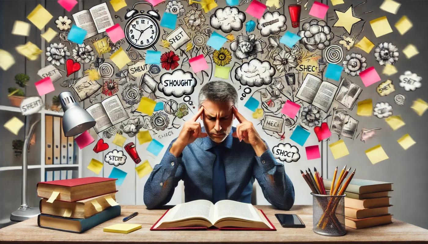 An adult at a desk struggling to read a book with cluttered sticky notes and reminders scattered around, symbolizing cognitive overload and the difficulty of concentrating and focusing in adults