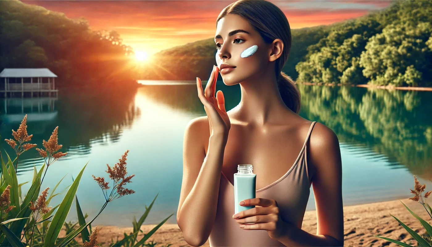 A woman standing by a calm lake at sunset, applying the best clean face sunscreen, surrounded by tranquil water and warm colors, representing a connection to nature and clean skincare.