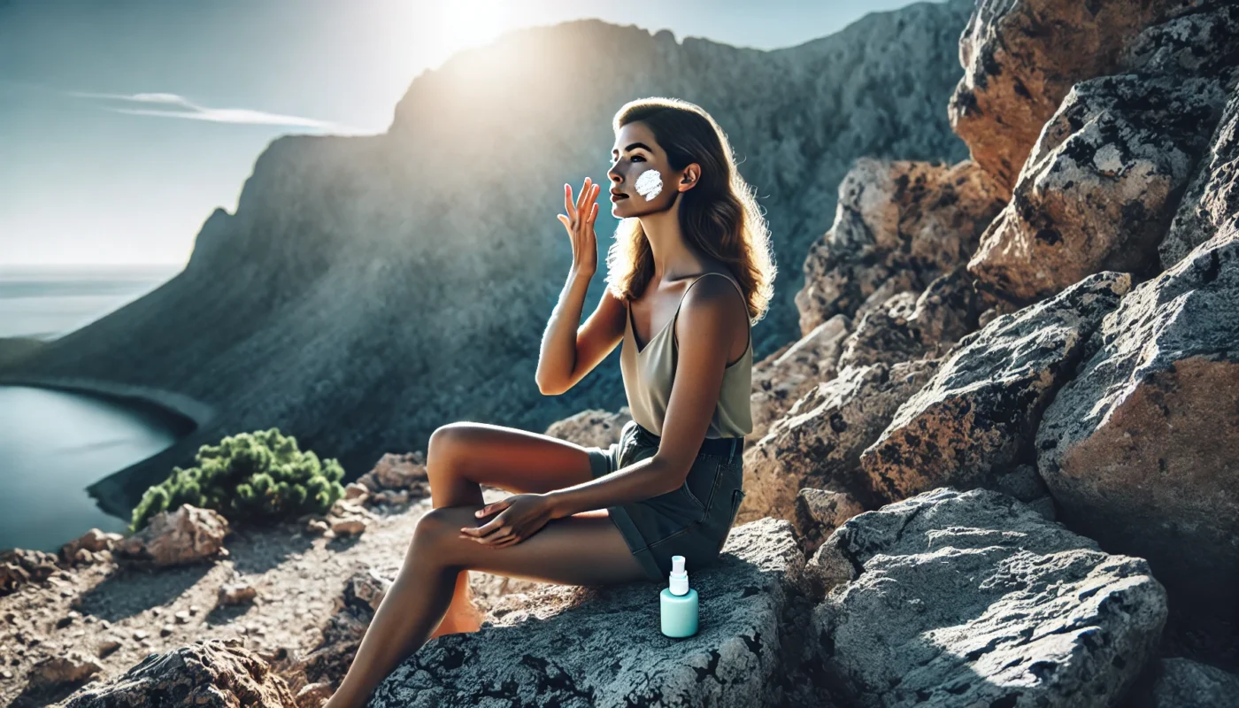 A woman on a rocky mountainside under a clear blue sky, applying the best clean face sunscreen, showcasing a health-conscious and eco-friendly lifestyle in an outdoor adventure setting.