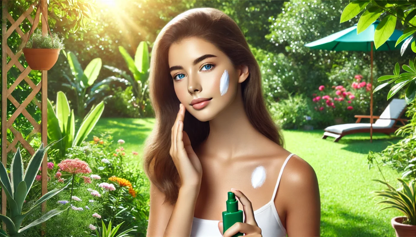 A young woman applying the best clean face sunscreen outdoors in a lush green garden, surrounded by vibrant flowers and bright sunlight, emphasizing healthy, natural skincare.