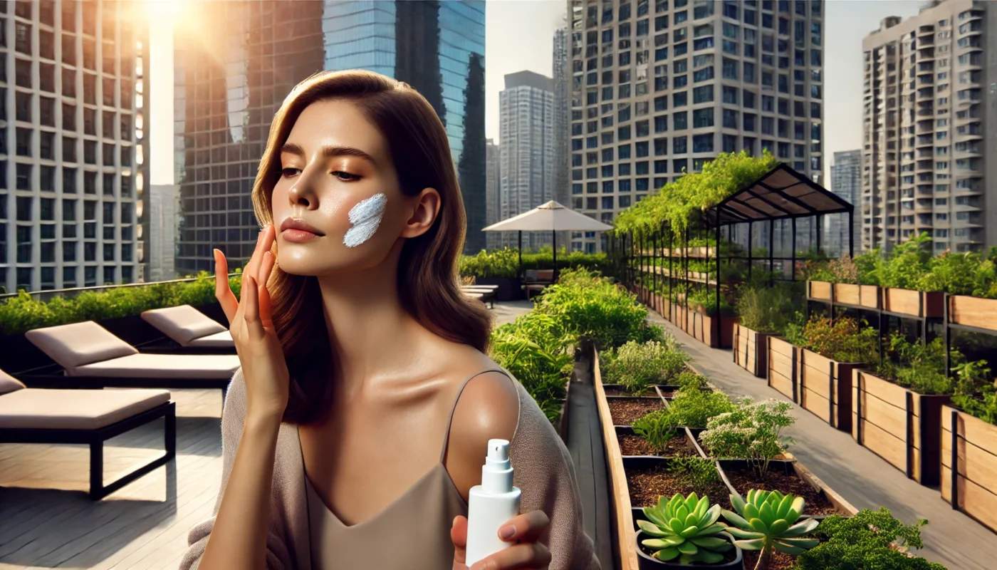 A woman applying the best clean face sunscreen in an urban rooftop garden, surrounded by greenery and modern city buildings, highlighting eco-conscious skincare and sustainable urban living.