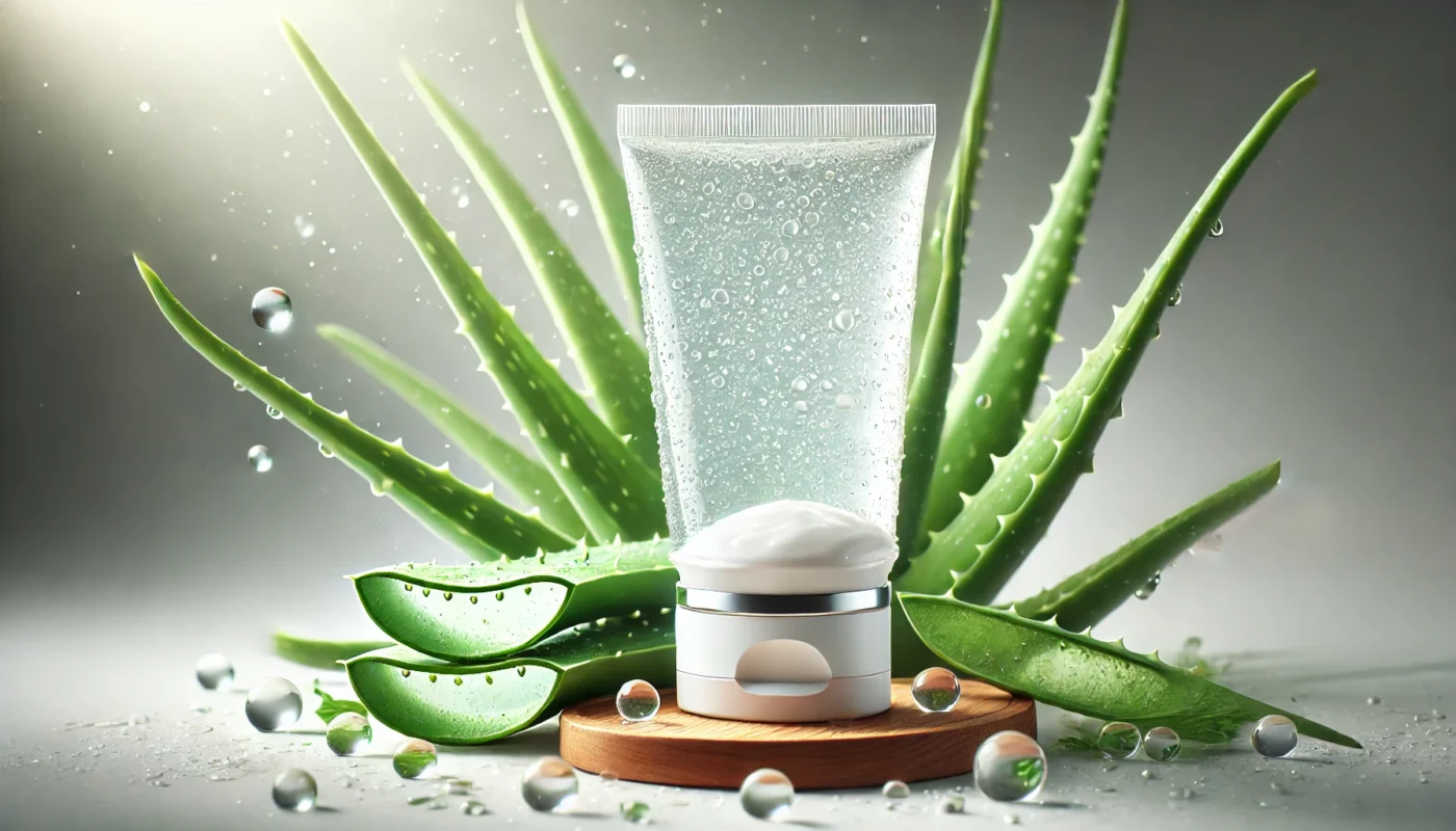 Aloe vera gel for sunburn relief in a sleek, minimalistic jar with fresh aloe leaves and water droplets, highlighting hydration and skin soothing benefits.