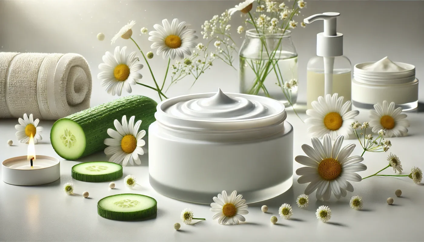 Luxurious hydrating cream for sunburned skin, displayed in an elegant jar with chamomile flowers and cucumber slices, promoting cooling and moisture retention.