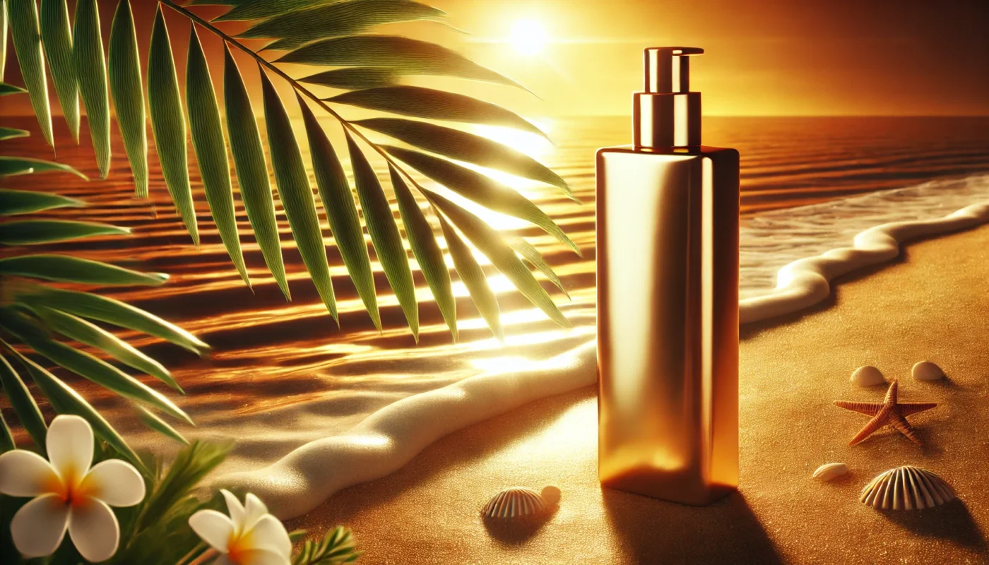 A luxurious glowy sunscreen bottle on a sandy beach, highlighted by golden sunlight reflecting on ocean waves and partially shaded by a tropical palm leaf, evoking radiant summer skincare.