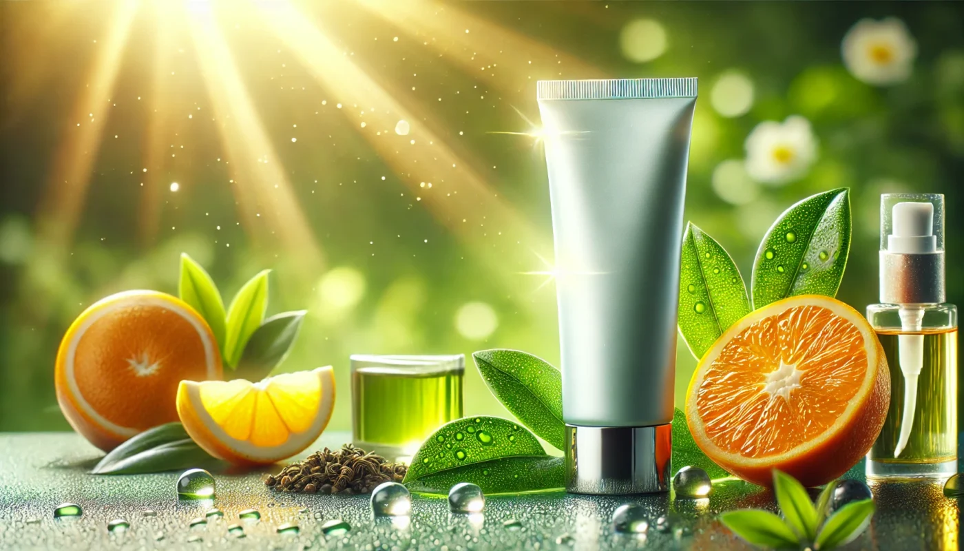 A sleek glowy sunscreen tube on a glass surface with water droplets, surrounded by fresh citrus slices and green tea leaves, with a sunlit greenery background, showcasing summer skin protection and radiance.