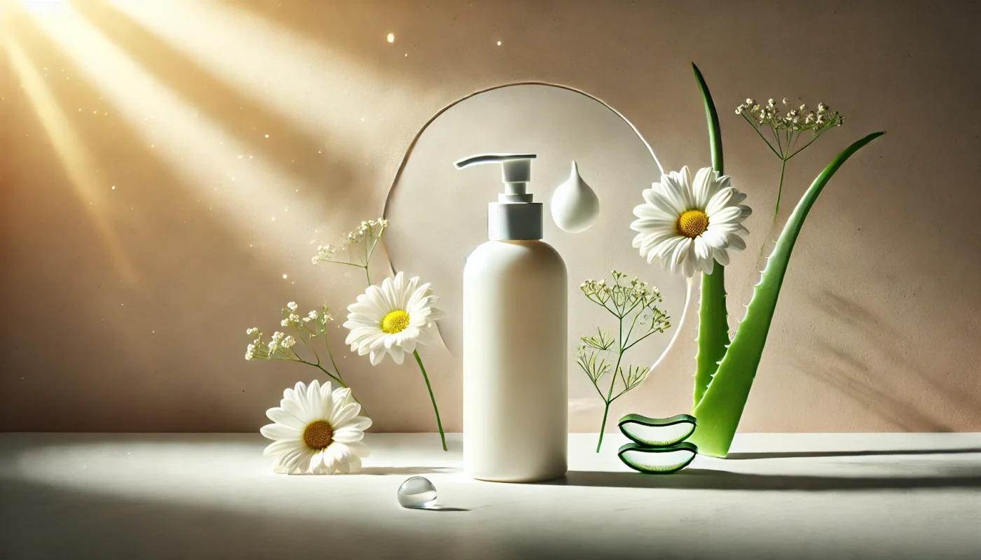 A minimalist glowy sunscreen bottle with a pump on a marble surface, surrounded by chamomile flowers and aloe vera leaves, illuminated by soft sunlight, emphasizing hydration and radiant sun protection.