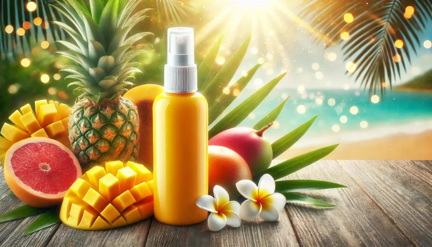 A radiant glowy sunscreen mist bottle on a wooden surface surrounded by tropical fruits like pineapple and mango, with a blurred sunny beach background, highlighting summer freshness and sun protection.