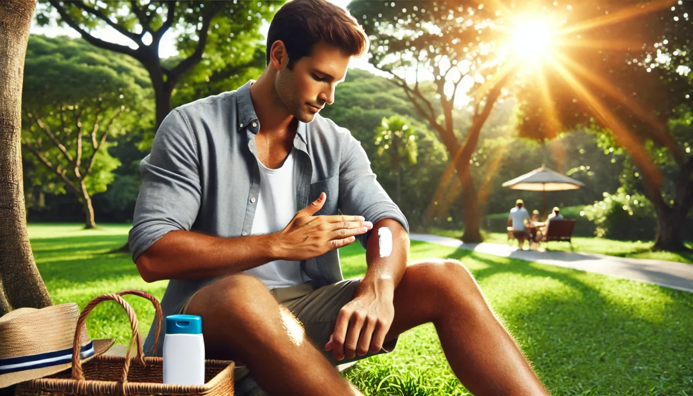 A man sitting in a sunny park, applying sunscreen to his arms, surrounded by trees and greenery, emphasizing relaxed outdoor moments and essential sunscreen tips for men’s skin.