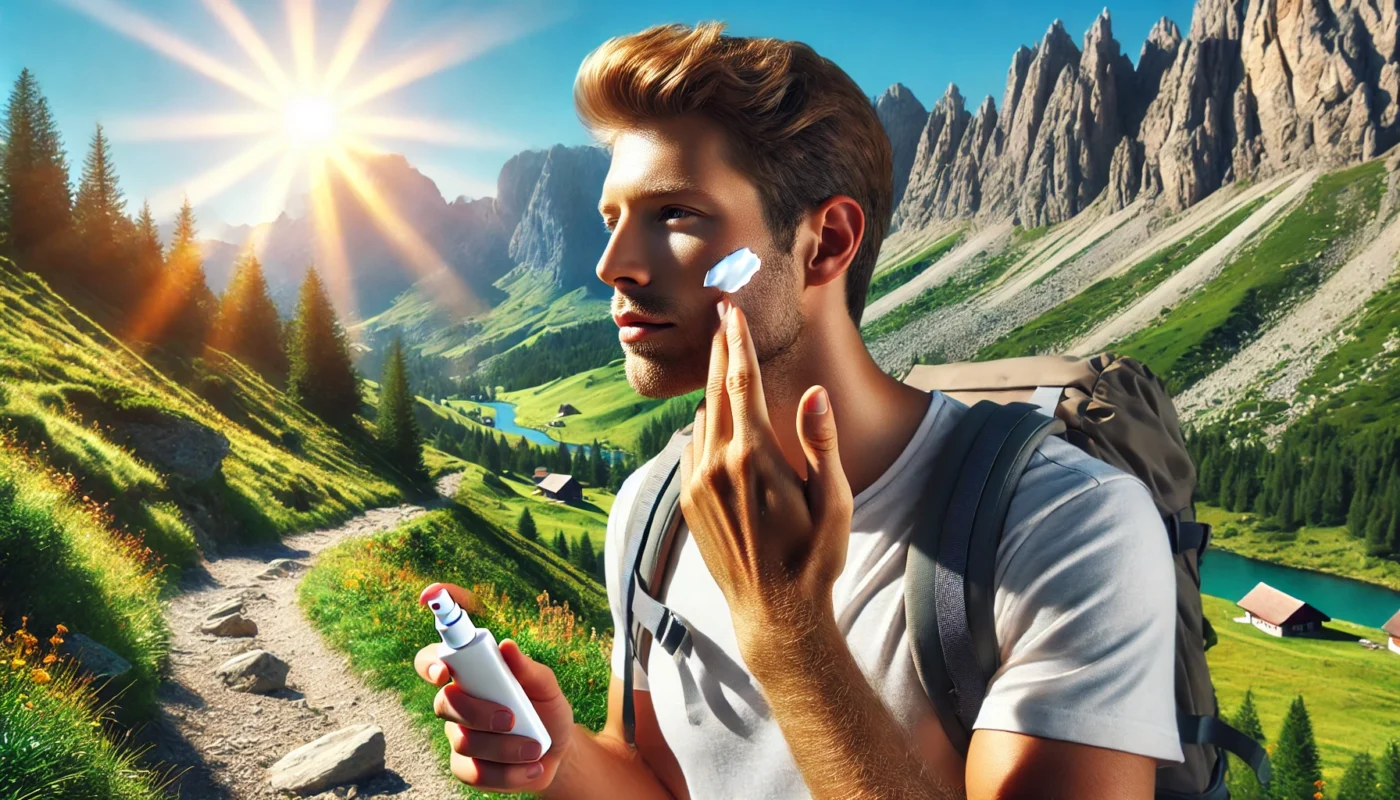 A man hiking on a sunny mountain trail, applying sunscreen to his face, surrounded by clear skies, rugged terrain, and vibrant greenery, showcasing essential sunscreen tips for men’s outdoor adventures.