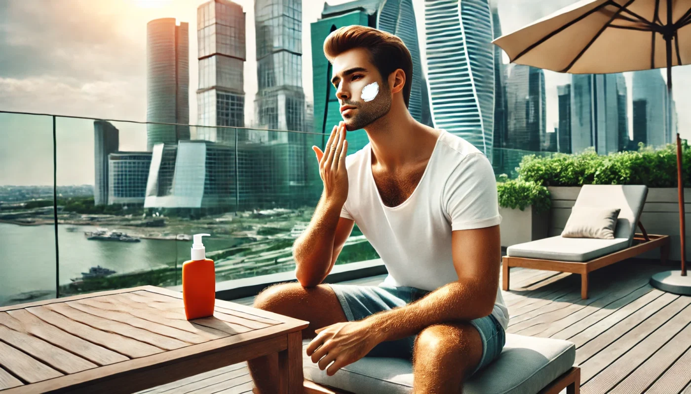 A man sitting on a rooftop terrace in an urban setting, applying sunscreen to his face with a modern city skyline in the background, emphasizing sun protection tips for men in urban environments.