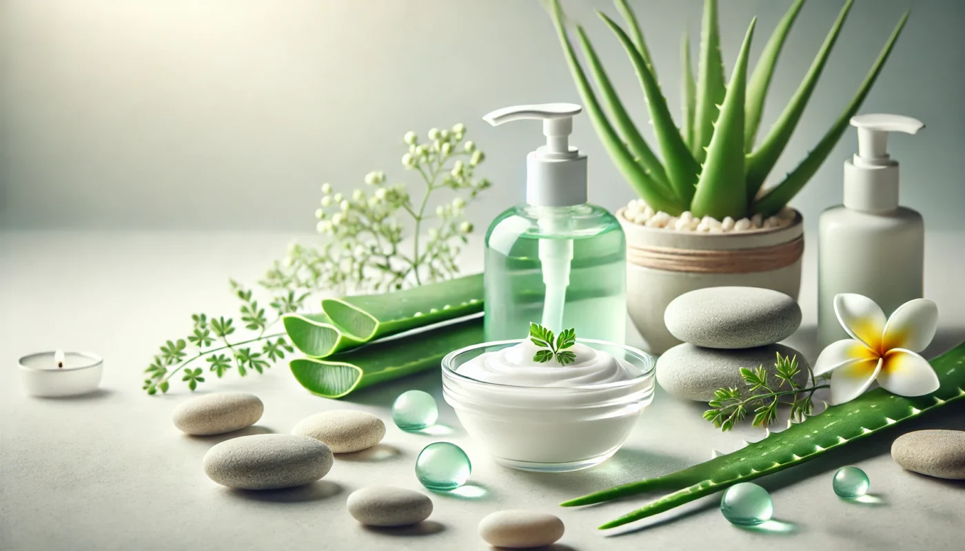 A tranquil spa-like setup with lavender sprigs, soft towels, and natural skincare products arranged on a wooden surface under warm, diffused lighting, ideal for post-sunburn skin care.