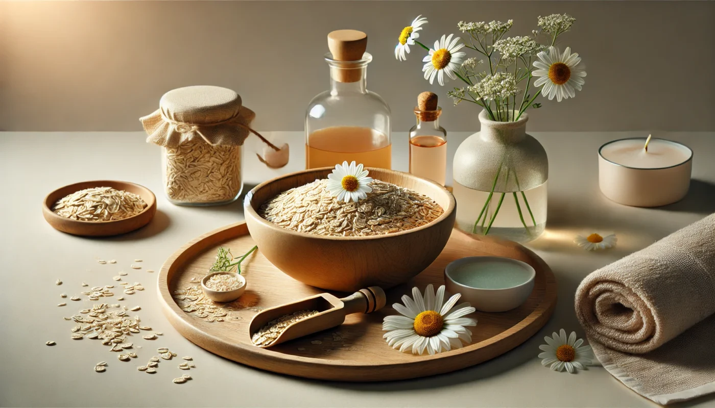 A minimalist composition featuring a glass bowl of aloe vera gel, green leaves, and smooth pebbles on a soft white surface, highlighting natural remedies for sunburned skin.