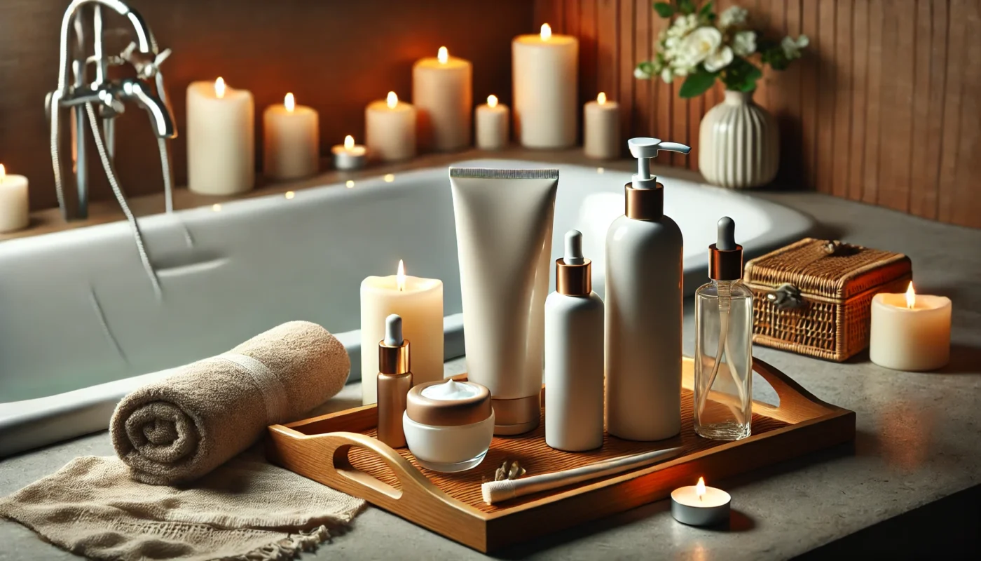 A cozy bathroom scene with sleek sunscreen bottles and tubes for dry skin placed on a wooden tray near a bathtub, surrounded by lit candles, a soft towel, and fresh flowers, emphasizing hydration and relaxation.