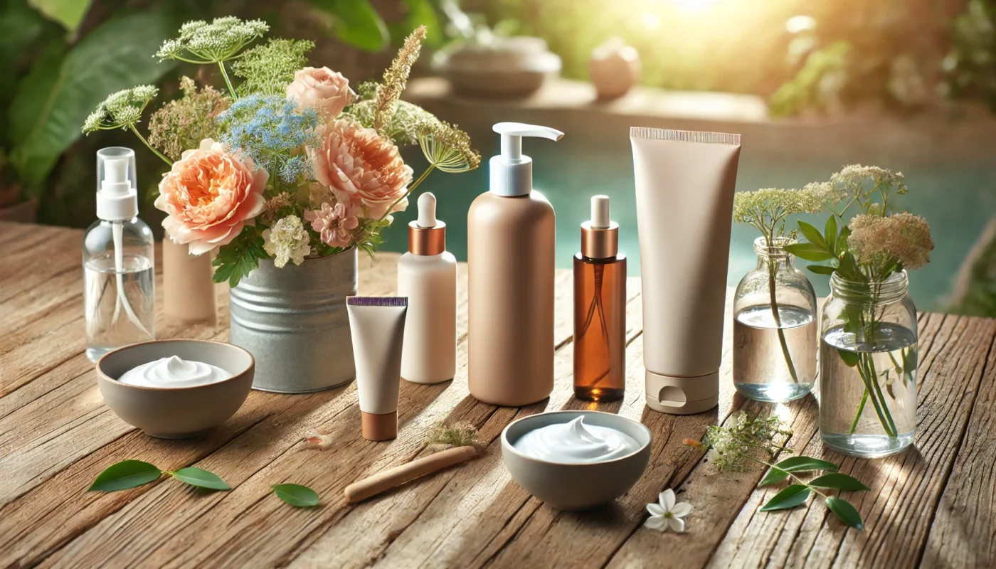 An outdoor setup featuring sleek sunscreen bottles and tubes for dry skin on a wooden table, surrounded by fresh flowers, a glass of water, and a bowl of hydrating cream, with sunlight highlighting the skincare essentials.