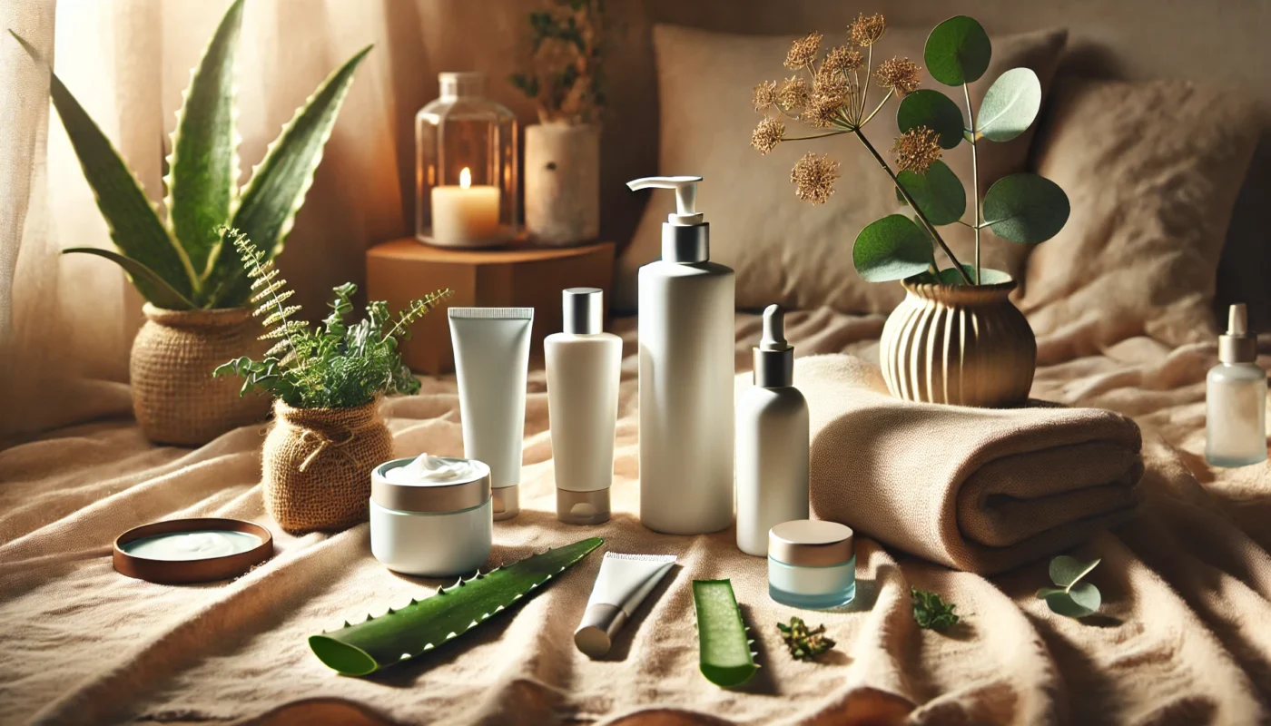 A cozy indoor arrangement with sleek sunscreen bottles and tubes for dry skin on a beige cloth, accented by aloe vera, a jar of moisturizing cream, eucalyptus leaves, and soft lighting for a calming skincare aesthetic.