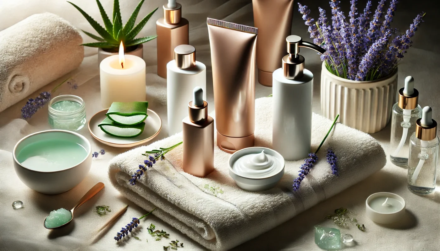 A luxurious spa-inspired flat lay with sleek sunscreen bottles and tubes for dry skin placed on a soft white towel, surrounded by hydrating elements like aloe vera gel, fresh lavender sprigs, and a lit candle, creating a rejuvenating and soothing aesthetic.