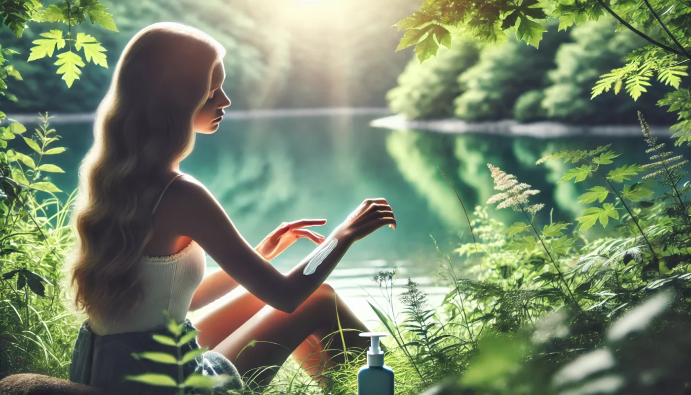 A fair-skinned individual applying sunscreen to their arms by a serene lakeside with calm water, vibrant green foliage, and soft sunlight, emphasizing sunscreen's importance for outdoor relaxation and sensitive skin protection.