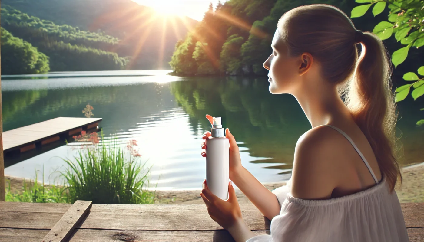 A fair-skinned individual holding a sunscreen bottle by a tranquil lakeside with lush greenery and soft sunlight, emphasizing the need for sunscreen to protect sensitive skin during outdoor activities.