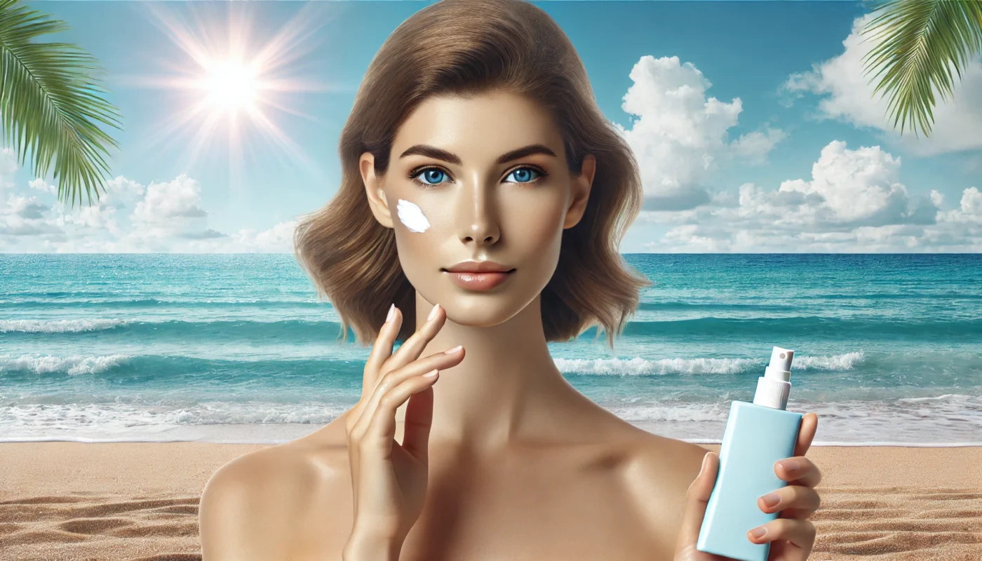 A fair-skinned woman applying sunscreen to her face on a sunny beach with clear blue skies, gentle ocean waves, and soft sand, highlighting the importance of sunscreen protection in sunny environment.