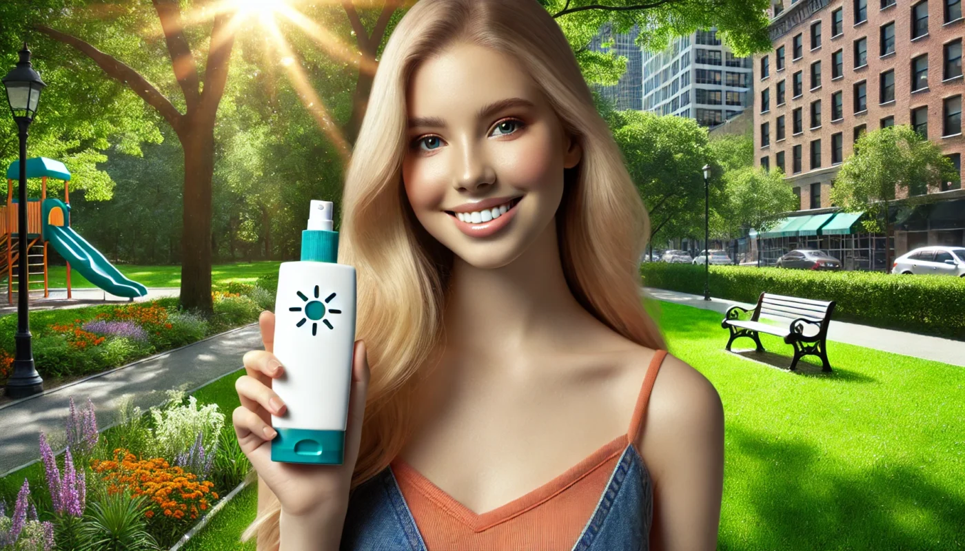 A fair-skinned individual smiling confidently while holding a sunscreen bottle in a vibrant urban park with green grass, trees, and dappled sunlight, emphasizing the importance of sunscreen for daily outdoor activities.