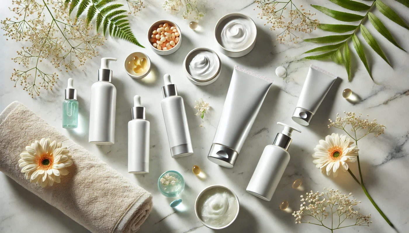 A flat lay of sleek sunscreen bottles and tubes for face care on a white marble surface, surrounded by fresh flowers, a soft towel, aloe vera gel, and vitamin E capsules, highlighting face sunscreens suitable for all skin types.