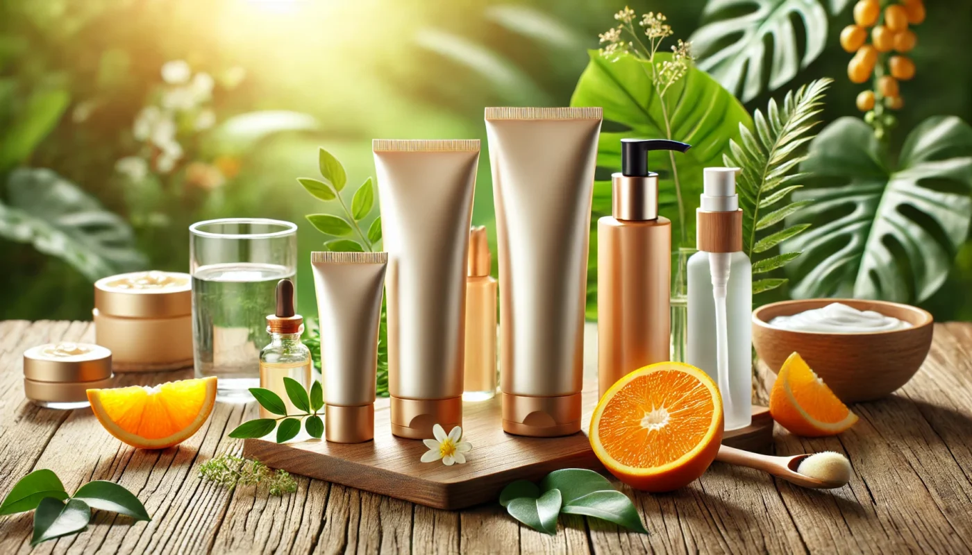 An outdoor morning setup with sunscreen bottles and tubes on a rustic wooden table, surrounded by fresh orange slices, a glass of water, and green leaves, highlighting organic skincare for all skin types.