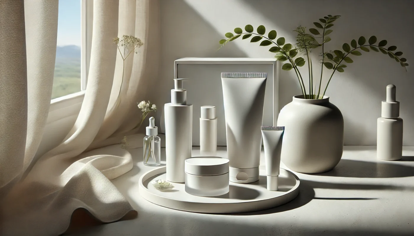 A minimalist indoor scene with sunscreen bottles and tubes for face care on a white ceramic tray, accented by a potted plant, silk drapes, and natural sunlight, ideal for all skin types.