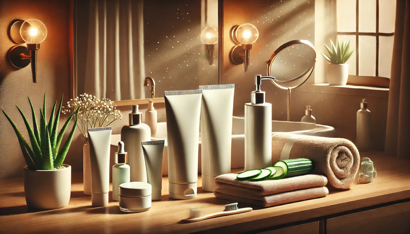 A luxurious bathroom vanity setup showcasing sleek sunscreen bottles and tubes for face protection, complemented by soft towels, cucumber slices, and aloe vera, emphasizing skincare for all skin types.