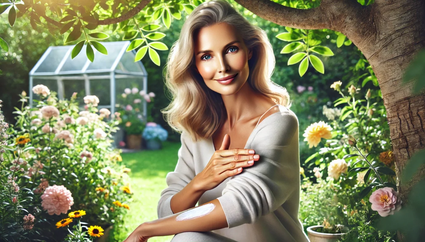 A serene garden setting featuring a mature woman under a tree's shade, surrounded by blooming flowers. She is applying sunscreen to her arms, illustrating the role of sun care in maintaining healthy, hydrated skin for mature individuals.