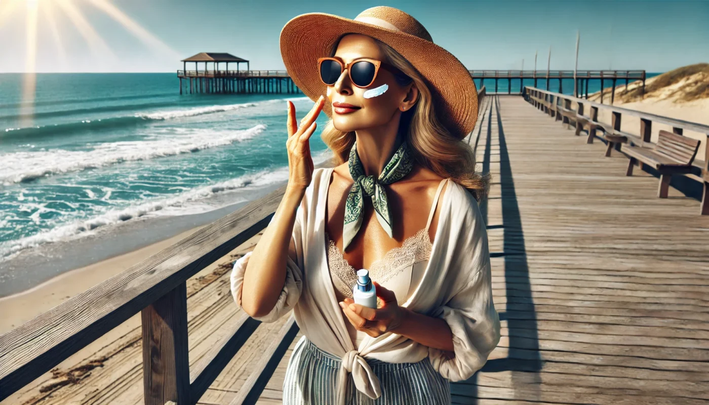 A mature woman on a seaside boardwalk, wearing sunglasses and a breezy, sun-protective outfit. She is applying sunscreen to her face, highlighting the need for daily sun protection to combat aging and maintain skin health.