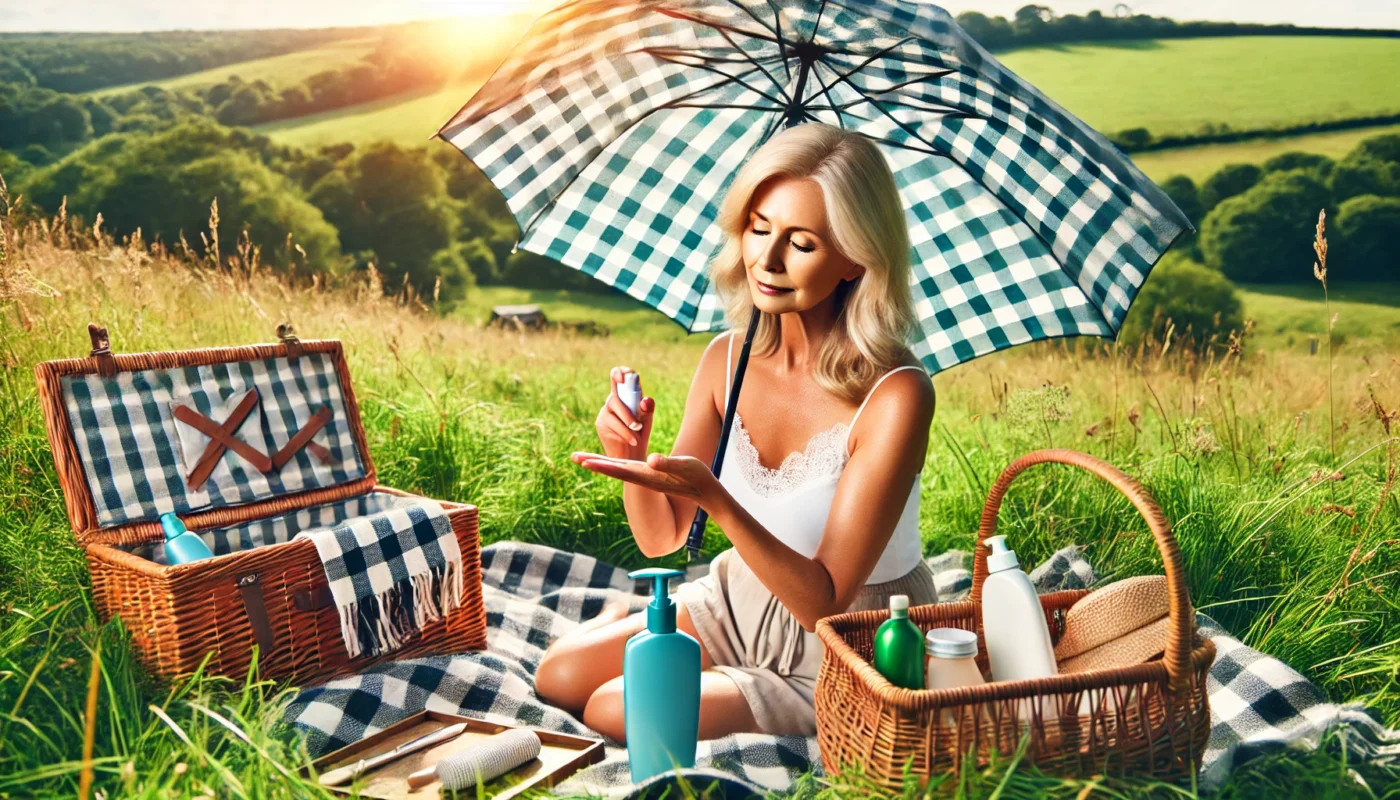 A countryside picnic scene with a mature woman under a large sun umbrella, sitting on a plaid blanket in a lush green meadow. She is applying sunscreen to her hands, showcasing the importance of integrating sun protection into everyday outdoor activities.