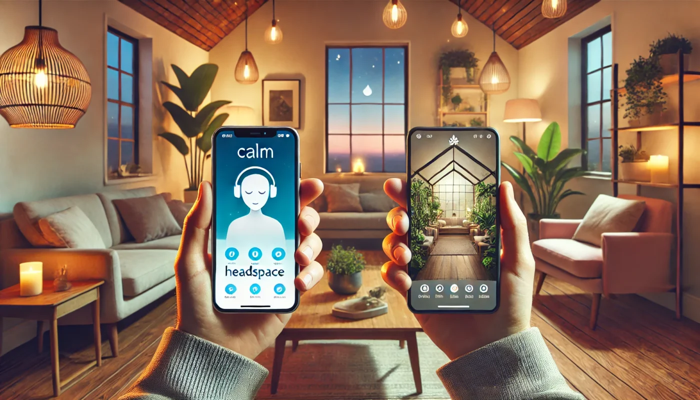 A person using Calm and Headspace meditation apps in a serene home environment, highlighting the contrast between the two interfaces