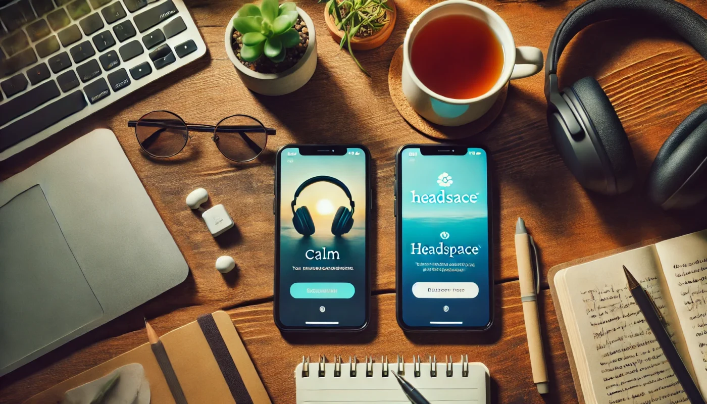 A workspace with two smartphones displaying Calm and Headspace apps, creating a mindful and productive environment with a notepad and cup of tea