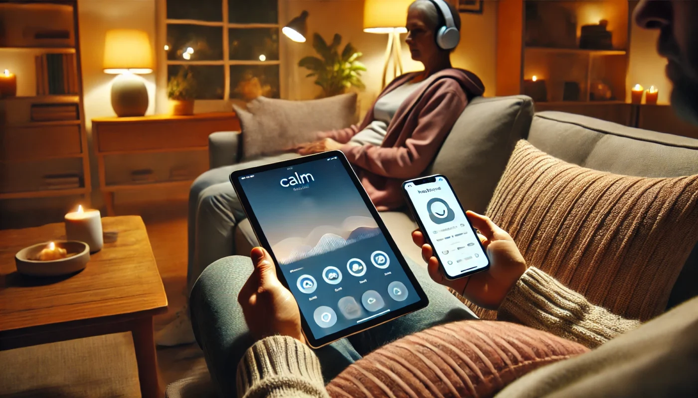 Two people relaxing on a couch using Calm and Headspace apps in a cozy living room with soft lighting and a peaceful ambiance