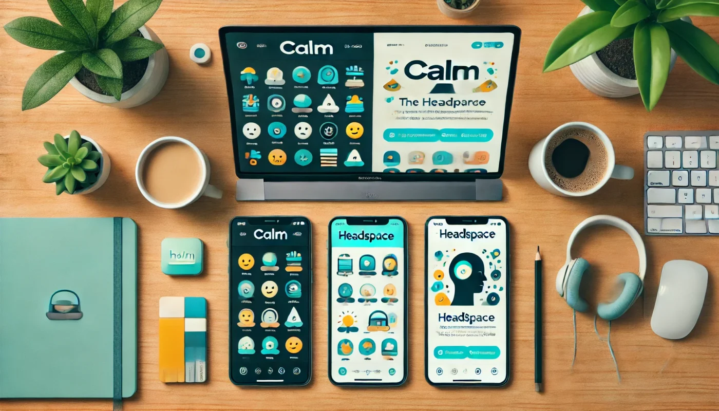 A side-by-side comparison of Calm and Headspace apps on a desk with a laptop and coffee, highlighting their unique visual styles in a productive setting