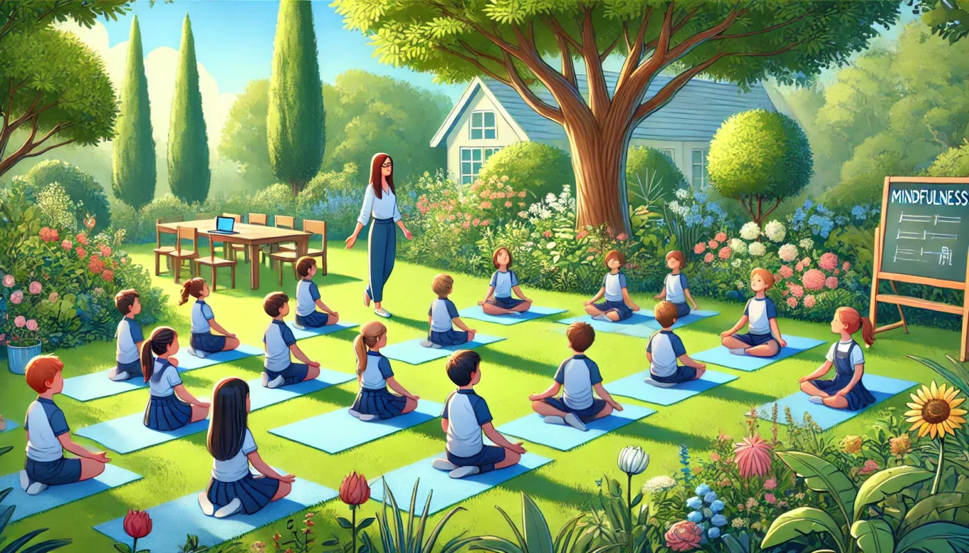 A peaceful school environment where students are practicing mindful walking in an outdoor courtyard surrounded by greenery – mindfulness schools