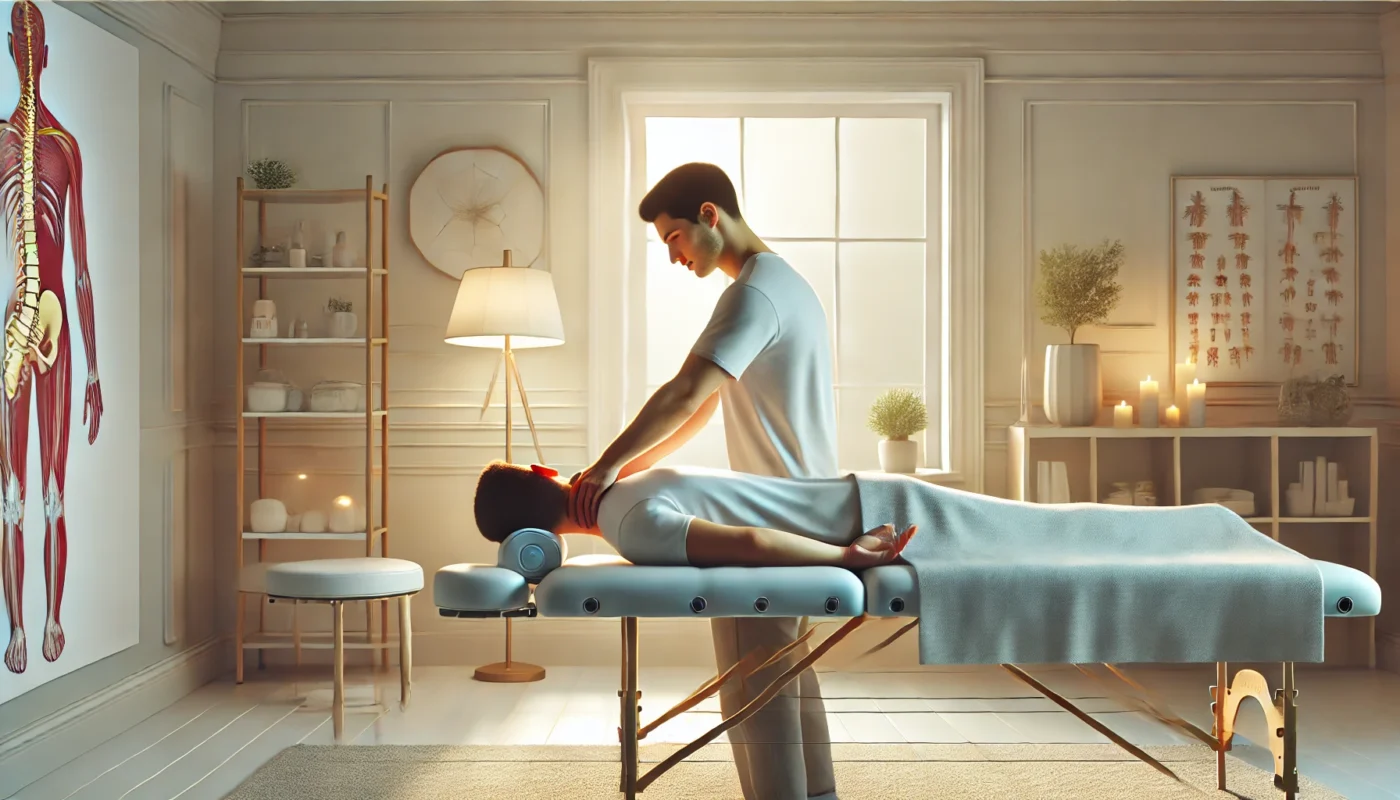 Professional chiropractor performing a spinal adjustment on a patient in a tranquil clinic environment, highlighting care and precision in whiplash recovery