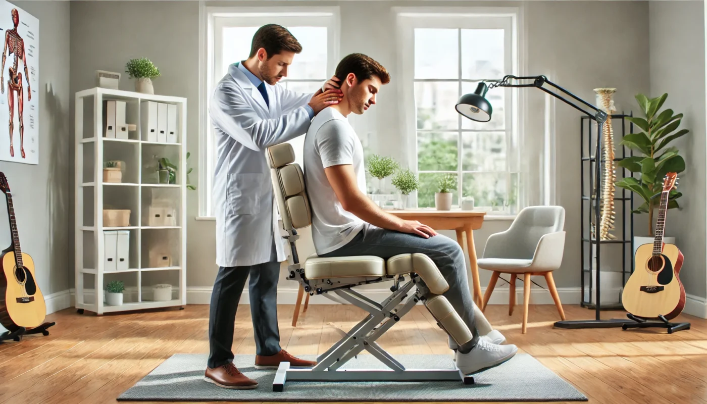 A chiropractor performing a gentle neck adjustment on a seated patient in a bright, modern clinic, emphasizing care and precision in addressing whiplash symptoms.