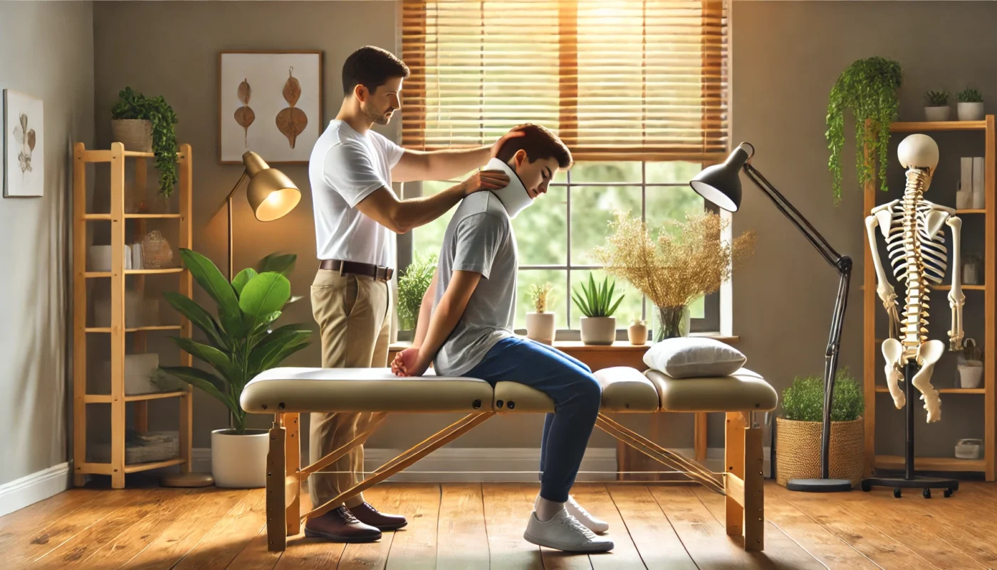 A chiropractor assisting a patient with therapeutic neck stretches in a calming clinic environment, emphasizing support and mobility improvement for whiplash recovery.