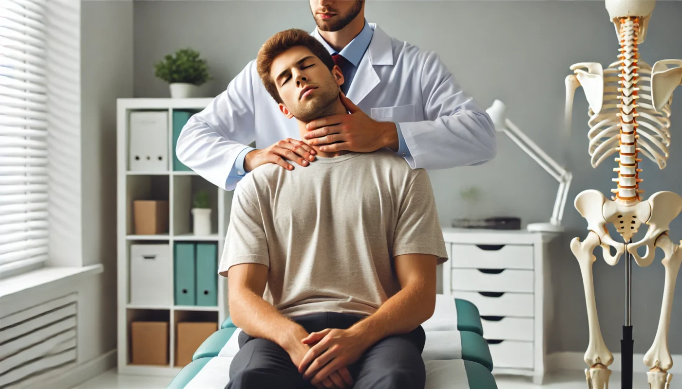 A patient lying on a therapy table receiving a professional neck massage from a chiropractor in a tranquil clinic, highlighting pain relief and trust during whiplash recovery